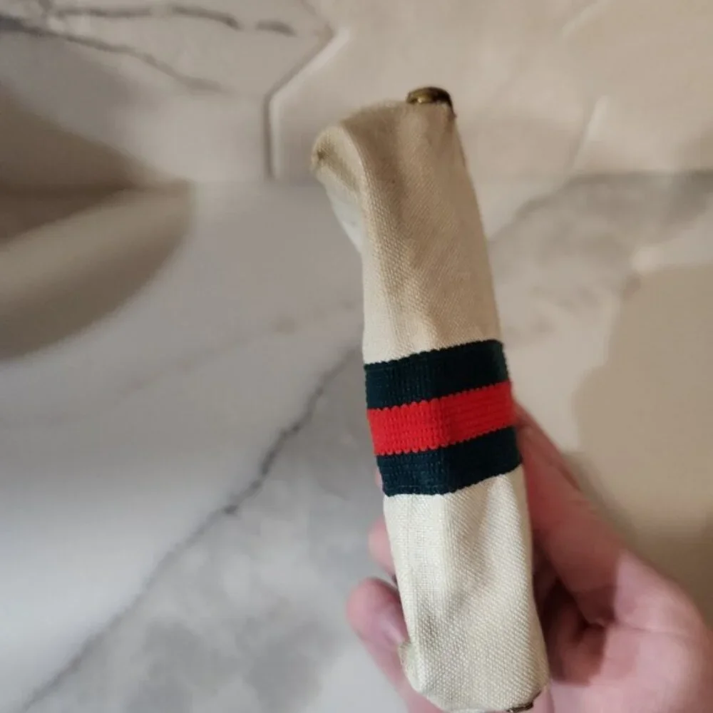 Vintage Vanity Set sewing Tools Etui Case Gold Trim Red Green Stripe‎